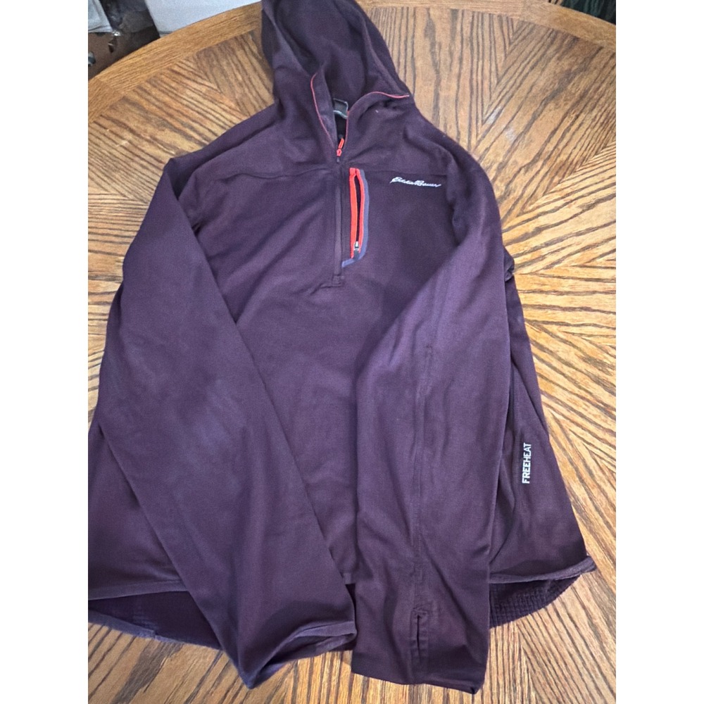 Eddie Bauer FreeHeat Mens Medium Purple Grid Fleece Quarter Zip Hoodie Thumbhole